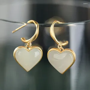 Dangle Earrings Hetian Jade Heart-Shaped White S925 Sterling Silver Eardrops Female With Hearts Peach Heart Exquisite Stud Earrin