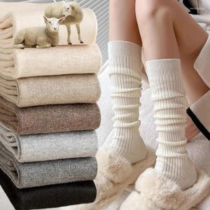 Mulheres meias de lã cashmere meias longas outono inverno grosso quente joelho alto japonês cor sólida malha