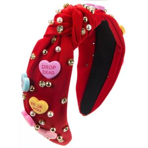 Conversation Heart Jeweled Knot Headband for Valentine's Day -Valentines Embellished Hair Accessories for Women Gift for Her 240119