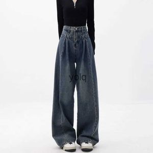 Women's Jeans Womens Retro Washed High Waist Loose Wide Leg Blue Denim Pants New Y2k Fashion Casual Shrink Thin Mopping Trousersyolq