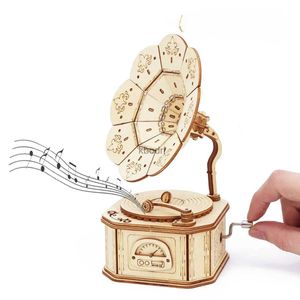 Hantverksverktyg 3D Wood Gramophone Puzzle Kit Toys For Child Constructor Blocks DIY Assembling Mechanism Music Box Models Crafts to Build Gift YQ240119