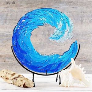 Arts and Crafts Ocean Wave Fused Glass Sculpture Gradient Blue Wave Ornament Acrylic Craft Sculptures Et Figurines Houses Decoration YQ240119