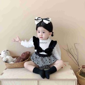 Rompers 2023 Autumn New Baby Girl Sleeveless Bow Collar Bodysuit Infant Plaid Jumpsuit Toddler Girl Strap Shorts Cute Baby Clothes Set H240508