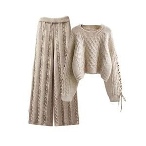 2024 New Spring Two Piece Pants Set Knitted O Neck Pullover Sweater+Knitted Wide Leg Pants Long Sleeve Two Piece Suit Pants 240119