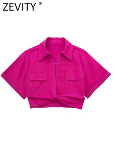 Bluzka Zevity Women Safari Style Pockets Patch Netgted Line Short Smock Bluzka Lady Chic Kimono Cropped Shirt Blusas Tops LS1376