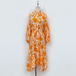 オーストラリアのデザイナードレスリネンオレンジフローラルプリントラペルネック長袖シャツドレス