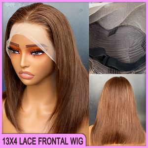 Brazilian Indian Peruvian 100% Remy Raw Vrigin Human Hair Brown Silky Straight 13x4 Transparent Lace Frontal Bob Wig