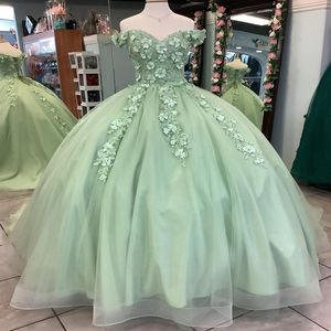 Açık yeşil kapalı omuz aplike dantel boncuk tull vestido de 15 anos quinceanera elbise 16 doğum günü yarışması prenses önlük