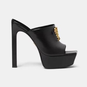 Calfskin Platform Mules Slide Slide Square-Toe Women Designer Sandals Summer Stileetto High Heeled Slippers Womanumule Luxury Hardware High Block Heel Top Quality