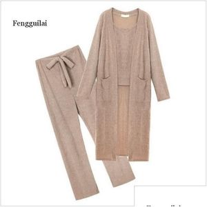 Kvinnors plusstorlek hoodies tröjor kvinnor Ny Sling Knit Long Cardigan Suit Female Korean Fashion Loose Trousers Three-Piece Autu Dh5wy