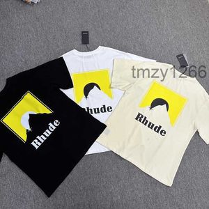 Marca de moda americana high street rhude amarelo pôr do sol gráfico carta impressão casual solto manga curta camiseta unisex verão krc9
