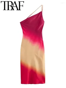 Casual Dresses Gal 2024 Summer Asymmetric Tie Dye Print Satin Women Robe Dress Sleeveless Backless One Shoulder Party Femme Midi Y2K