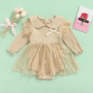 Rompers Born Baby Girls Princess Long Sleeve Bodysuits Solid Mesh Patchwork Star Pattern Ribbed Dress Toddler Casual Sweet Playsuit