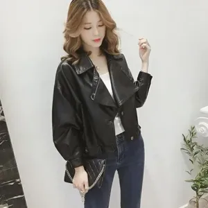Women's Leather Spring Autumn Chic Short PU Motorcycle Jacket Women Streetwear Bomber Lapel Button Casual Loose Outerwear