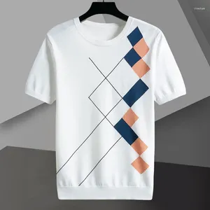 Herr t-skjortor 2024 mode rutan färgkontrast mönster stickning t-shirt borr smal fit rund hals kort ärm tee