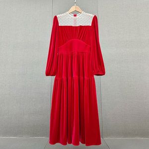 Designer dress, studded high-end velvet lantern sleeve long robe for women in autumn and winter, new style red and black long skirt