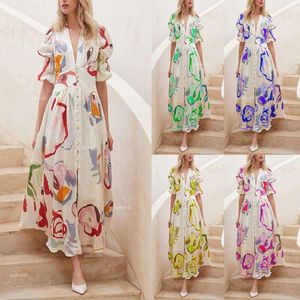 Designerkläder Kvinnor New Women's Beach Slim Fit Big Swing Four-Sided Spring Print Long Dress Size S-3XL