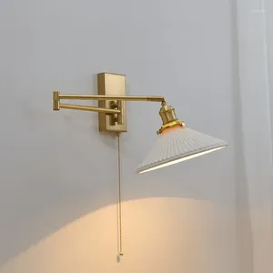 Lâmpada de parede Nordic Modern LED Sconce Esquerda Direita Girar Pull Chain Switch Quarto Restaurante Bar Ao lado da luz da escada de cerâmica