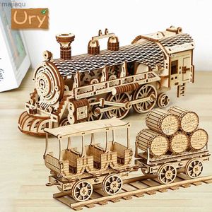 Conjunto de modelos Ury 3D quebra-cabeça de madeira móvel retrô trem a vapor ônibus de dois andares feito à mão modelo de caminhão brinquedos DIY decoração presente para crianças