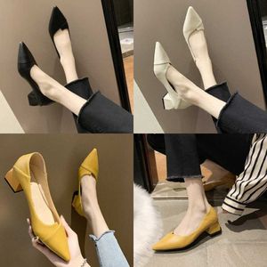 Women Dress Shoes Spring Autumn Shallow Mouth Women's Pointed Medium Thick Heel Single Internet Red Evening Two Wear Leather Black High Heels