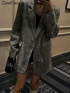 Shiny Sequined Fashion Loose Coat Women Long Sleeve Pockets Single Button Female Overcoats Autumn Elegant Party Lady Coats 240118