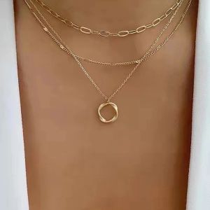 Vintage Twist Runde Anhänger Halskette für Frauen Mehrschichtige geometrische Kette Kragen 14k Gold Halskette Boho Schmuck Geschenk 2024