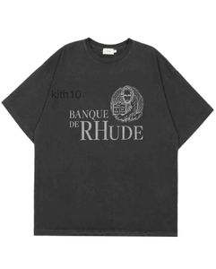 Projektantka moda Tees Tshirts Rhude Bank Slogan krótkie koszulka z krótkim rękawem czarny top luźne bawełniane męskie topy streetwear hip hop ojgr
