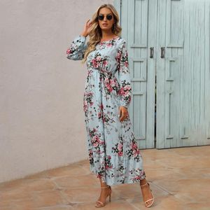 Casual Dresses 2024 Summer Bohemian Women Maxi Dress Long Sleeve High midje Beach Woman Chiffon Floral Vestidoes Mujer