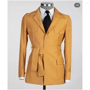 Herrenanzüge, Safari, schmale Passform, 2-teilig, mit Gürtel, großes Taschendesign, spitzes Revers, Smoking für Herren, Hochzeit, Abschlussball, Bräutigam, Blazer