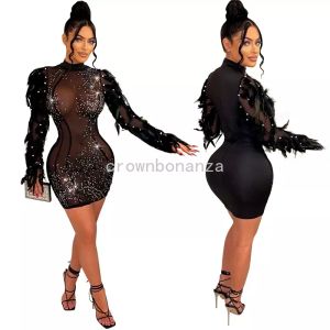 2024 Designer Sexig Rhineston Diamonds Dresses Women Luxury Long Sleeve Feather Mesh See Through Mini Dress Night Club Dress Wholesale Clothes