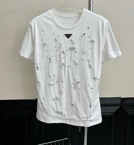 レディースTシャツデザイナークリスタルチェーン刺繍固定ビーズデコレーションTシャツファッションクラシックラウンドネックティーサマーカジュアルショートリーブS-L