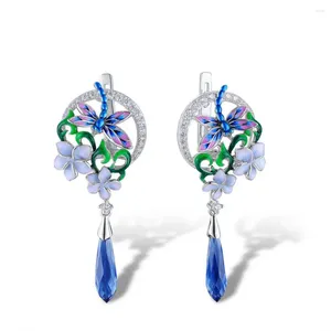 Baumelnde Ohrringe, elegante Emaille-Libellen-Blumen-Design, Kristall-eingelegte Tropfen, exquisiter Party-Schmuck