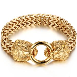 Bracciale da uomo con testa di leone di lupo in oro giallo 14k in bracciali da uomo gioielli da motociclista con testa di teschio gotico