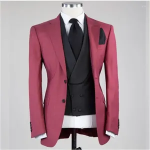 Erkek Suit Business Slim Fit Erkekler Koyu Kırmızı Ceket Siyah Pantolon Yelek Smokin Retro Terno Maskulino Prom Kostüm Homme Blazer 3 Parça