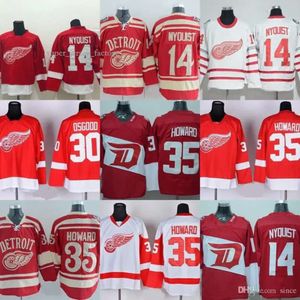 Factory Outlet Men S Detroit Wings # 14 Gustav Nyquist # 30 Osgood # 35 Jimmy Howard Red White Трикотажные изделия для хоккея с шайбой высшего качества Бесплатная доставка 8818 1034