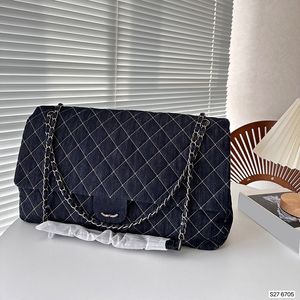 Bolsa jeans feminina de grandes dimensões, bolsa de ombro 46cm, jeans, diamante, verificação de prata, fivela de metal, bolsa de luxo, corrente matelassê, bolsa crossbody, bolsas para mamãe, sacolas de compras