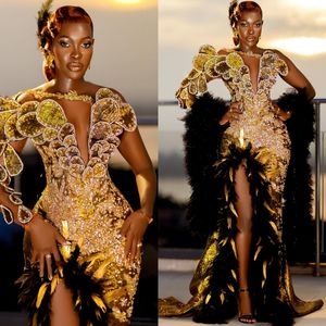 2024 ASO EBI Gold Mermaid Prom Dress Pärled Crystals Sequined Sexig Evening Formal Party Second Reception Födelsedagsengagemang Klänningar Klänningar Robe de Soiree ZJ60