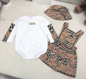 Brand newborn baby jumpsuits infant bodysuit Size 66-100 Spliced design hoodie Checkered back strap dress Fisherman hat Jan20