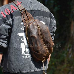 Alta qualidade masculino crossbody motocicleta original retro couro ombro casual cavalo louco peito saco na moda 10a +