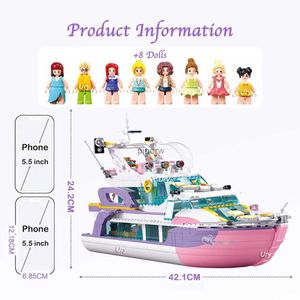 Block Sluban Friends Luxury Yacht Boat Party Cruise Vessel Model Byggnadsblock Ship Set Sea 8 Figurer Toy for Girl Birthday Present