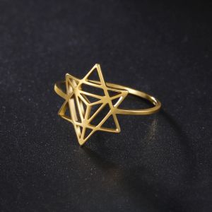 Merkaba Star الهندسة المقدسة حلقة النساء 14 كيلو أصفر الذهب حلقات أصابع الذهب أصابع الزفاف الفرقة التأمل المجوهرات