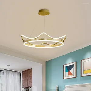 Pendant Lamps Nordic Crown Shape LED Strip Light Gold Pink Stainless Steel Ring Chandelier Home Decor For Baby Kids Bedroom
