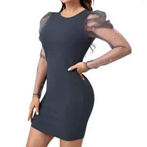 Casual Dresses Ladies' Sophisticated And Chic Mesh Long Sleeve Collarless Bodycon Dress With Seamless Waist Back Design For Evening Wear