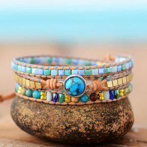 Bracelets High End Women Bracelets Natural Turquoises Stone Rhinestone 3 Strands Leather Wrap Bracelet Femme Bohemian Bracelets Dropship