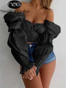 Kobiety damskie bluzki Newazia z ramię w ramię z rękawem czarny, wycięty zamek błyskawiczny koronkowy uprawa topy jesienne eleganckie topy preriowe 2021 yq240120