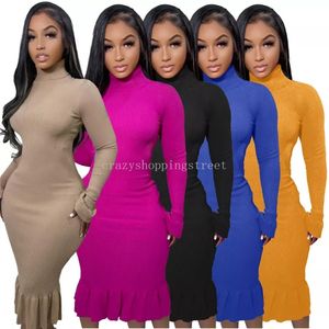 2024 Designer Sexy Backless Knitted Dresses Women Plus size 3XL Flare Sleeve Turtleneck One-piece Dress Fall Winter Clothes Bodycon Midi Dress Party Club Wear