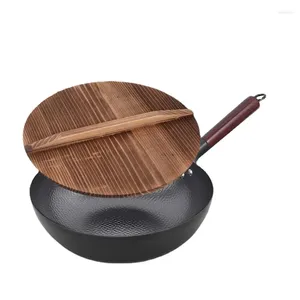 Pans Carbon Steel Wok Pan 32cm Stir-Fry With Wooden Lid Uncoated Flat Bottom Chinese For Induction Electric Gas All Stoves