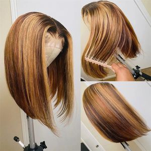 Destaque bob frente do laço perucas de cabelo humano em linha reta 4x4 fechamento do laço curto bob peruca brasileira pré-arrancado para mulher