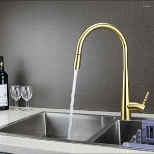 Rubinetti della cucina Rubinetto in ottone spazzolato oro Lavello estraibile Rubinetto dell'acqua Miscelatore monocomando Doccia con rotazione a 360°