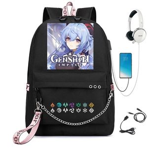 Bags Genshin Impact USB Backpack School Book Bags Fãs Bags de viagem Porta de fone de ouvido de laptop